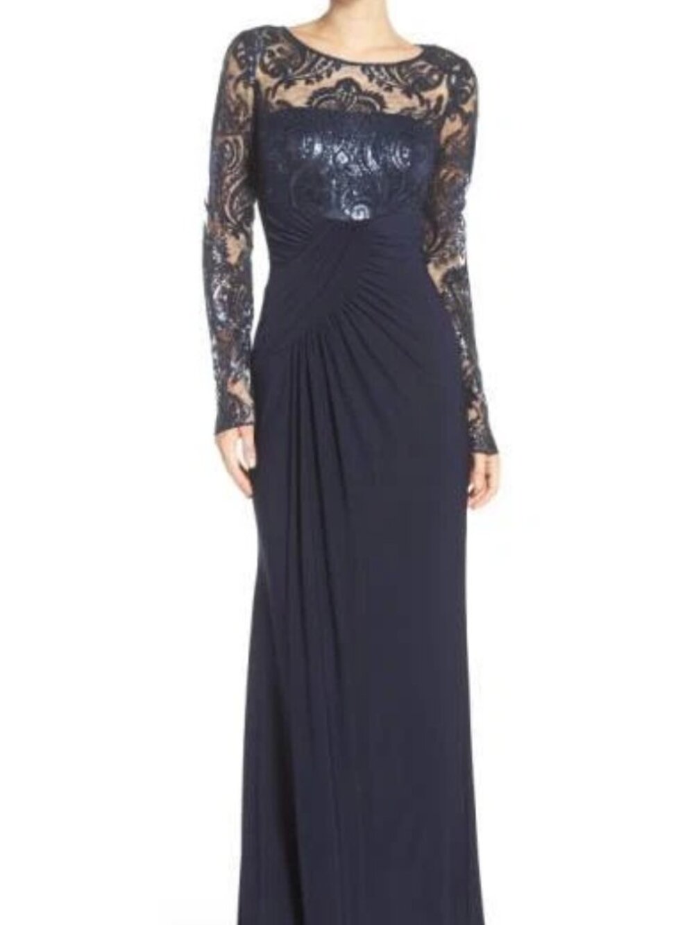 NWT ELIZA J Navy Sequin Embroidered Lace Ruched Front Drape Jersey Gown 6 = S